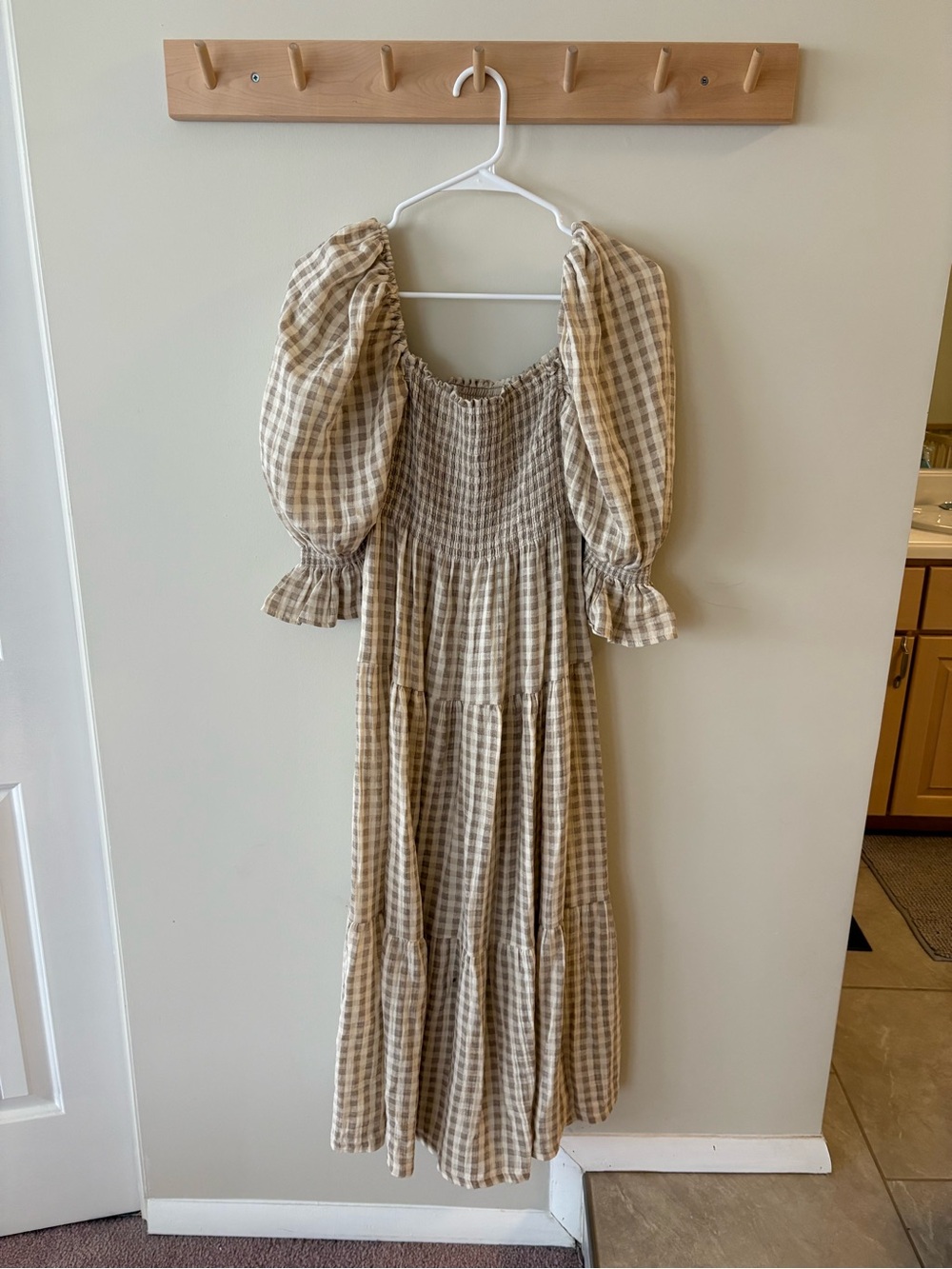 Nothing Fits But Kiko Dress Gingham Smocked Midi Dress with Puff Sleeves - Beige
